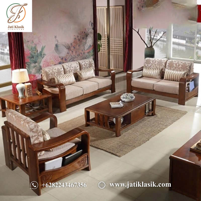 Model kursi tamu jati minimalis modern ukuran besar dengan komposisi 321+meja+meja sudut lengkap bantalan jok sofa bisa dicopot (knockdown) mudah dibersihkan.